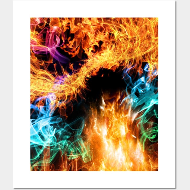 Fire Flames, Rainbow Smoke On Black Wall Art by Random Galaxy
